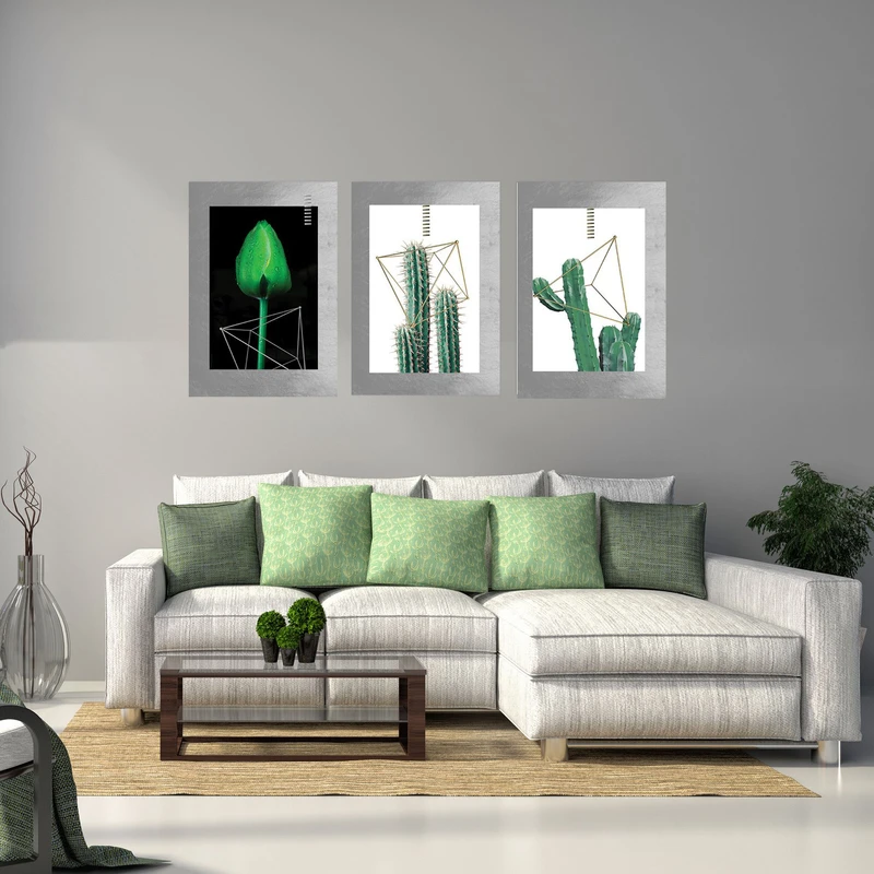 تابلو شاسی بکلیت طرح مدرن طبیعت و گل کاکتوس مدل SH-1895 مجموعه 3 عددی