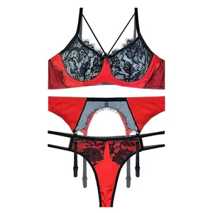 ست شورت و سوتین زنانه مکسوریا مدل ساتن و گیپور هارنس دار کد 02650 به همراه نگهدارنده جوراب