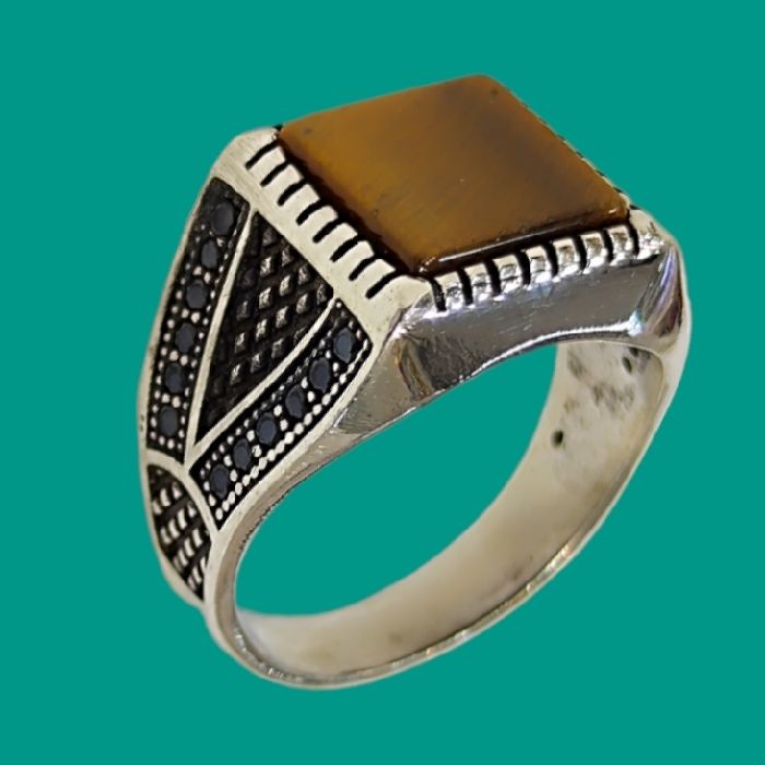 انگشتر نقره مردانه مدل سنگ عقیق تایگر رکاب اسپرت کد 8800 -  - 10