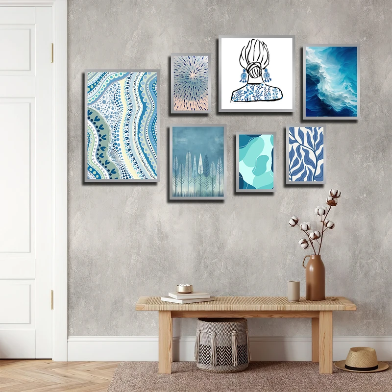 تابلو بکلیت طرح نقاشی دریا و جنگل مدل SI-3773 فریم نقره ای مجموعه 7 عددی