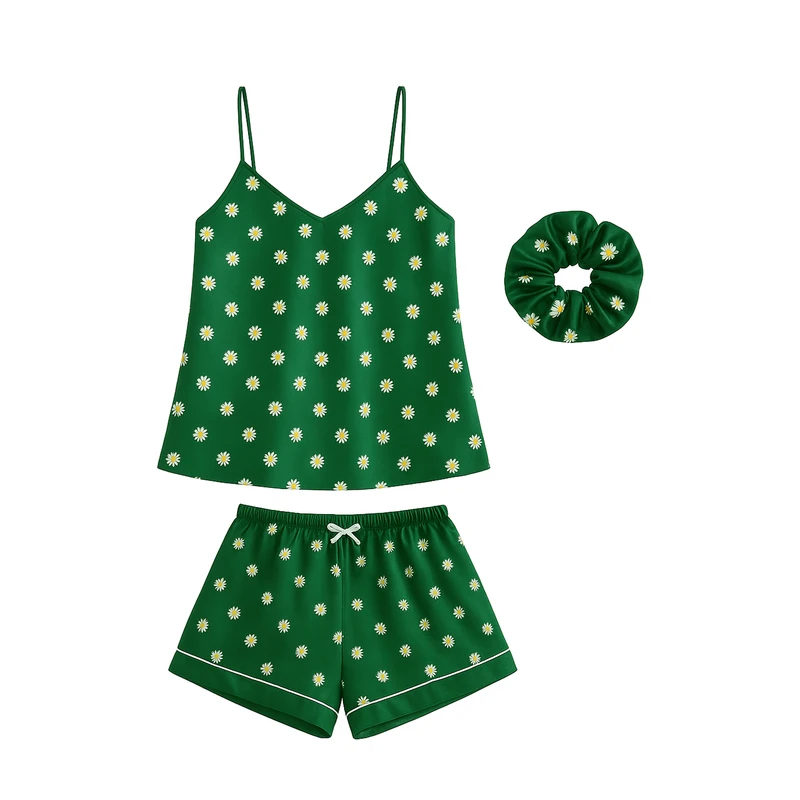 لباس خواب زنانه مدل ساتن ابریشم طرح بابونه کد 666019 به همراه اسکرانچی