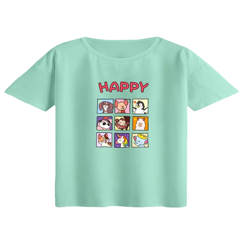 کراپ تی‌شرت آستین کوتاه زنانه مدل حیوانات شاد رنگ سبز روشن