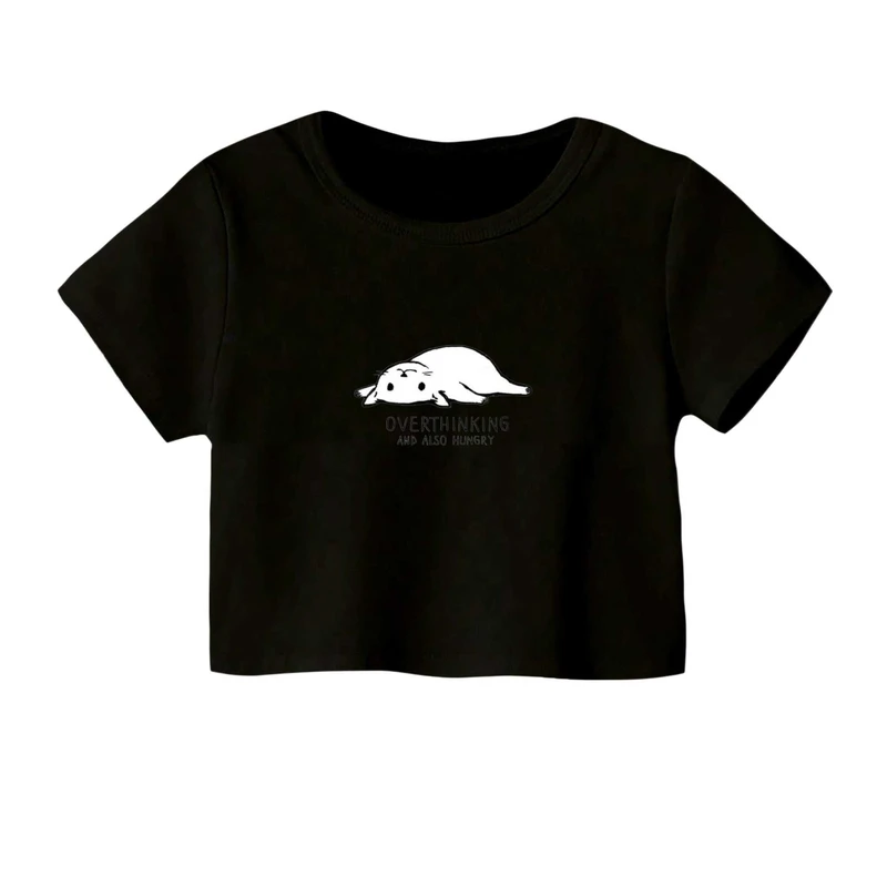 کراپ‌ تی‌شرت آستین کوتاه زنانه مدل گربه گرسنه