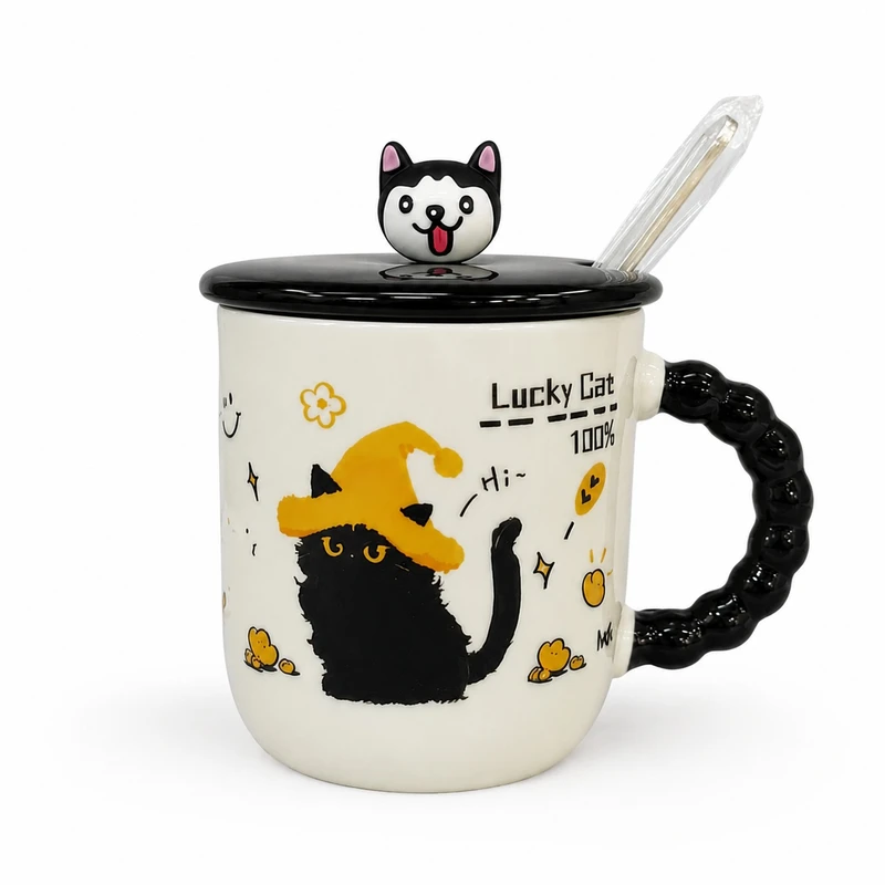 ماگ طرح گربه Lucky Cat مدل سرامیکی درب دار