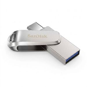 فلش مموری چرخشی 128 گیگابایتی سن دیسک مدل Ultra Dual Drive Luxe با رابط‌های USB Type-A و USB Type-C، استاندارد USB 3.2 Gen1 و بدنه فلزی