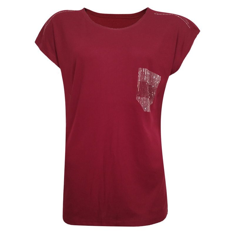 تی شرت آستین کوتاه زنانه مدل جیبی فانریپ نگینی کد tm-1871 رنگ زرشکی