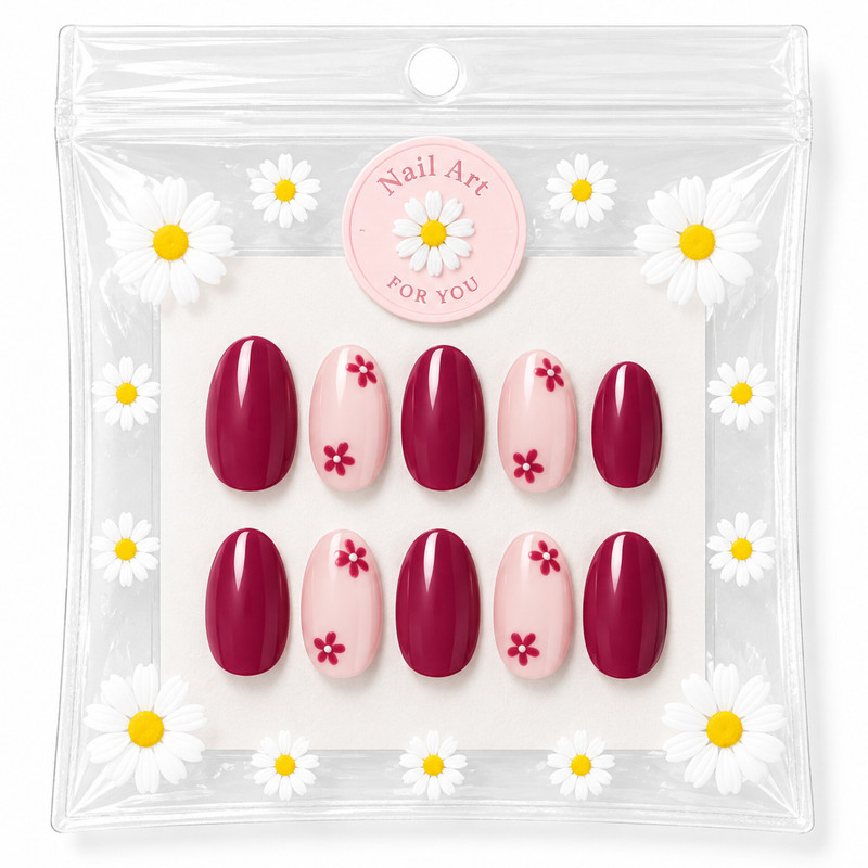 ناخن مصنوعی دست سایز M فرم بادامی مدل گلی بسته 10 عددی