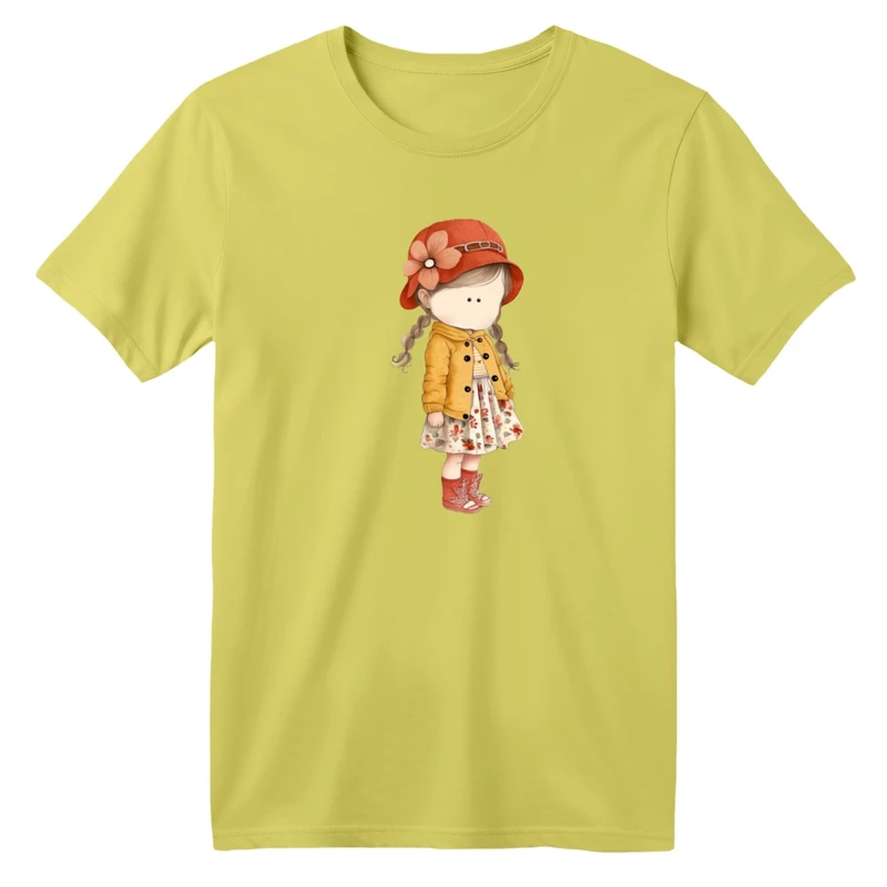 تی شرت آستین کوتاه بچگانه مدل دخترک پاییزی کد 01 رنگ زرد لیمویی