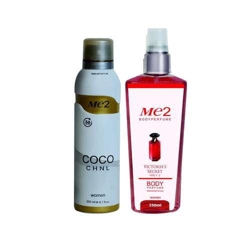 اسپری بدن زنانه می تو مدل کوکو حجم 200 میلی لیتر به همراه بادی اسپلش زنانه می تو مدل ویکتوریا سکرت حجم 250 میلی لیتر