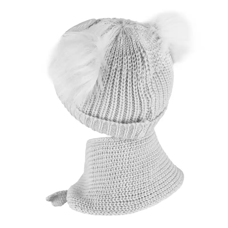 ست کلاه و شال گردن بافتنی بچگانه مدل عروسکی داخل خز رنگ طوسی