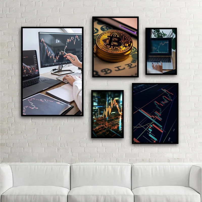تابلو بکلیت طرح بازار ارز دیجیتال و بورس مدل شاین اکلیلی B-2975 فریم مشکی مجموعه 5 عددی