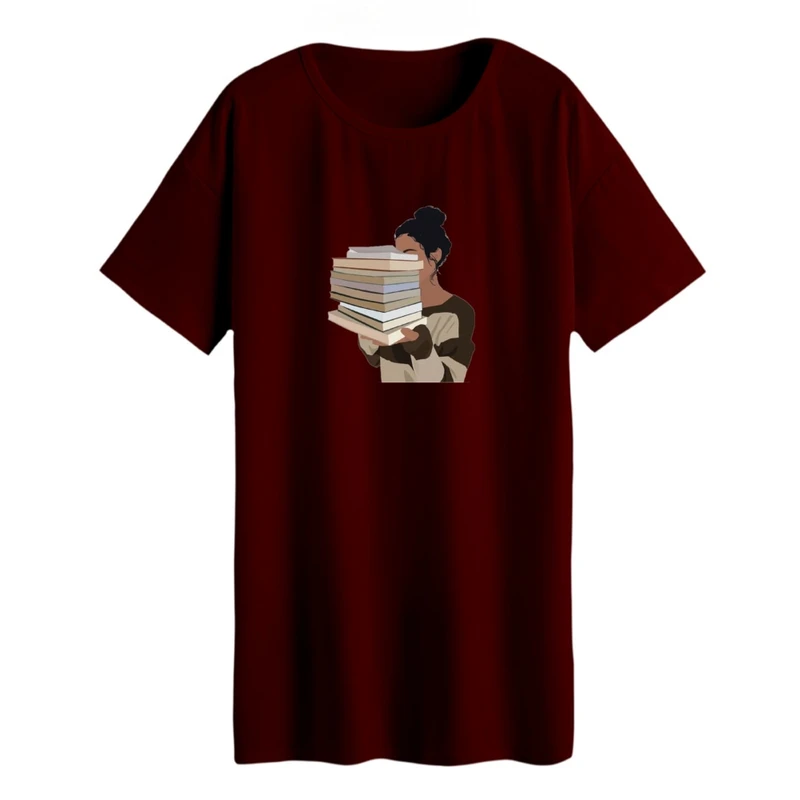 تی شرت لانگ زنانه مدل دختر و کتاب کد 2