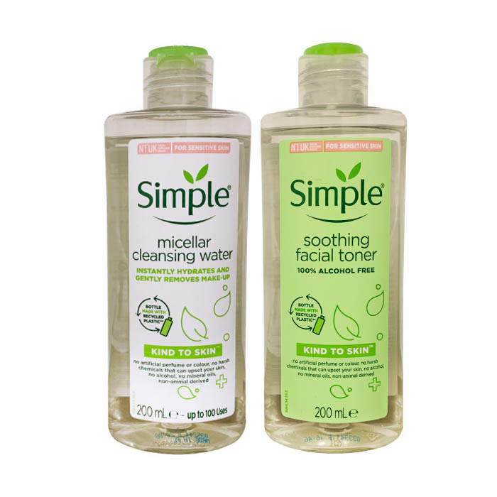 تونر پاک کننده صورت سیمپل مدل Soothing حجم 200 میلی لیتر به همراه آب پاک کننده آرایش صورت سیمپل مدل GENTLY REMOVES حجم 200 میلی لیتر