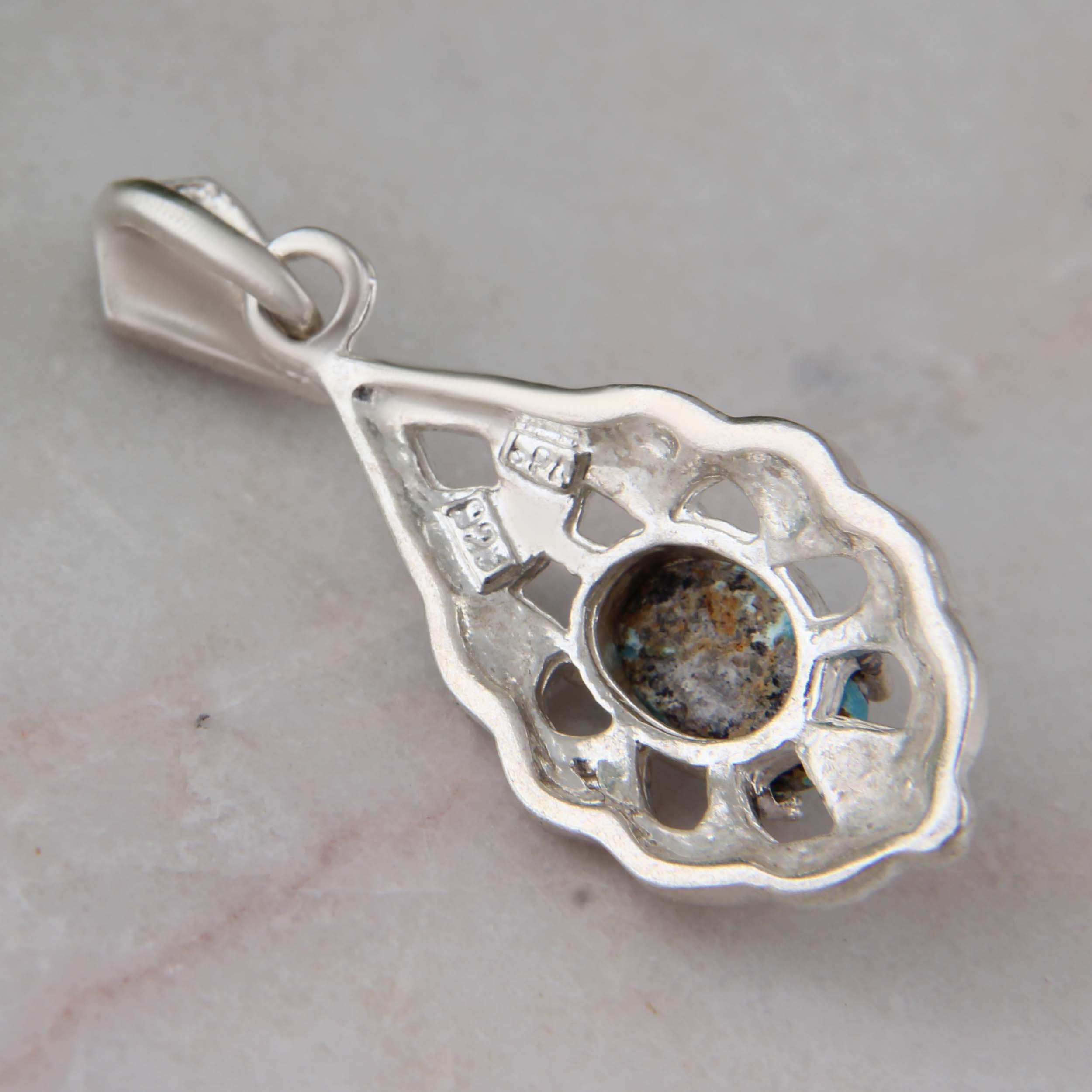 آویز گردنبند نقره زنانه بازرگانی میلادی مدل فیروزه طبیعی نیشابور نگین مارکازیت بدون ریزش کد PK_243