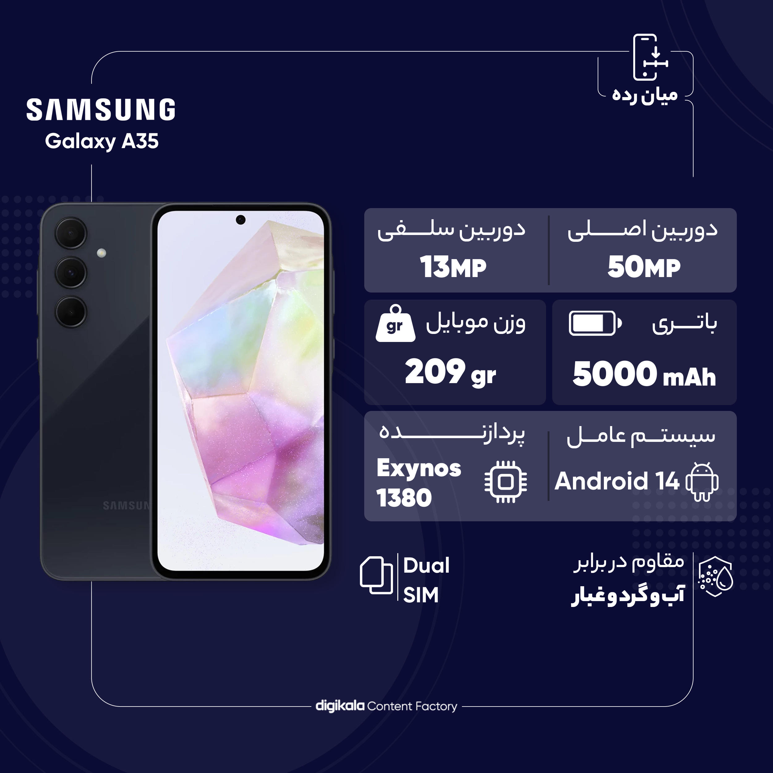 گوشی موبایل سامسونگ مدل Galaxy A35 دو سیم کارت ظرفیت 128 گیگابایت رم 8 گیگابایت به همراه شارژر 25وات سامسونگ - ویتنام