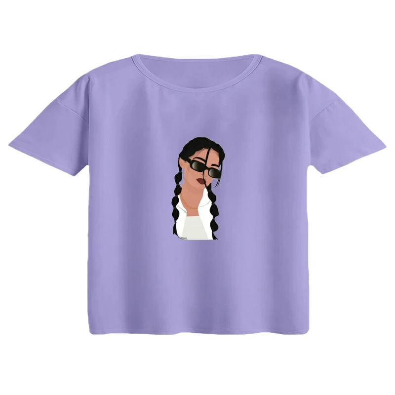 کراپ تی‌شرت آستین کوتاه زنانه مدل مینیمال دختر رنگ یاسی