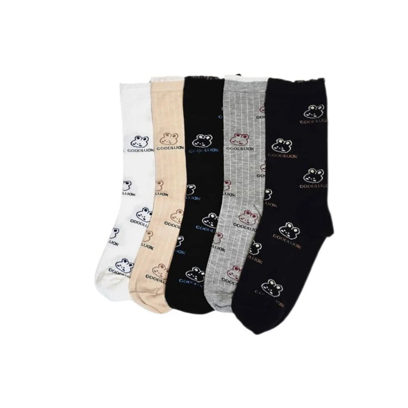 جوراب ساق بلند زنانه مدل خرسی لبه تور بسته 5 عددی