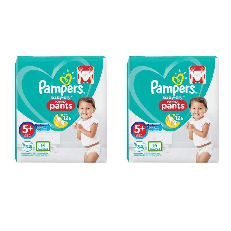 پوشک پمپرز مدل شورتی سایز +5 بسته 34 عددی مجموعه 2 عددی