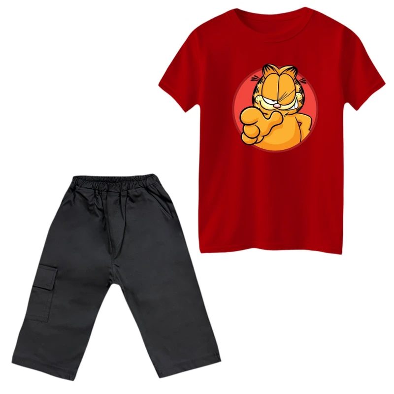ست تی‌شرت و شلوارک پسرانه مدل گارفیلد گرد رنگ قرمز