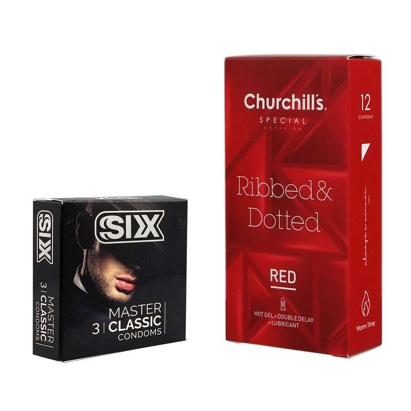 کاندوم چرچیلز مدل Ribbed & Dotted Red بسته 12 عددی به همراه کاندوم سیکس مدل کلاسیک بسته 3 عددی 