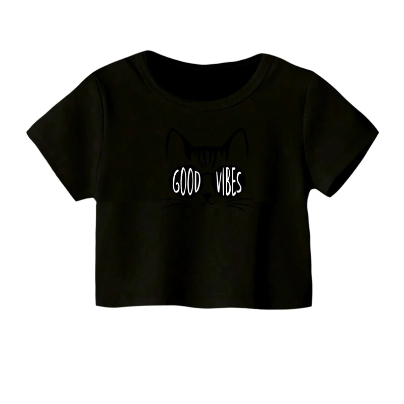 کراپ‌ تی‌شرت آستین کوتاه زنانه مدل گربه کد 05