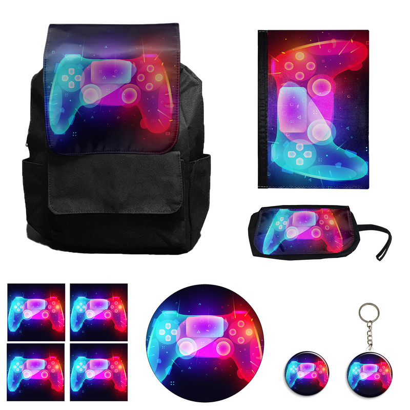 کوله پشتی مدل پلی استیشن 5 کد Neon ps5 M1 به همراه کلاسور و جامدادی و زیر لیوانی و جاکلیدی مجموعه 10 عددی