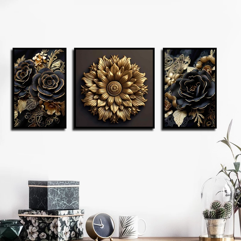 تابلو بکلیت طرح مدرن گل طلایی مدل B-1761 مجموعه 3 عددی