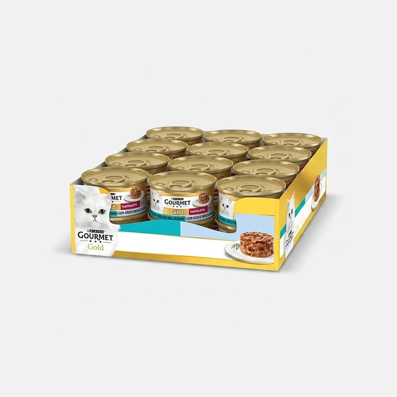 کنسرو غذای گربه بالغ گورمت مدل Gold Tartelette Duo بافت لایه‌ای با طعم ماهی تن و ماهی اقیانوسی وزن 85 گرم بسته 24 عددی