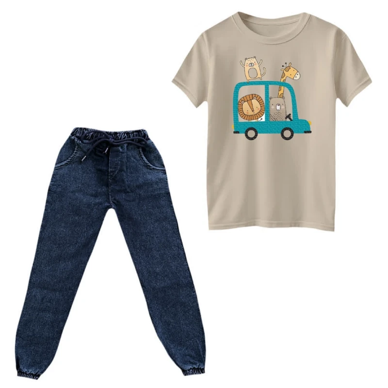 ست تی‌شرت و شلوار دخترانه مدل ماشین حیوانات