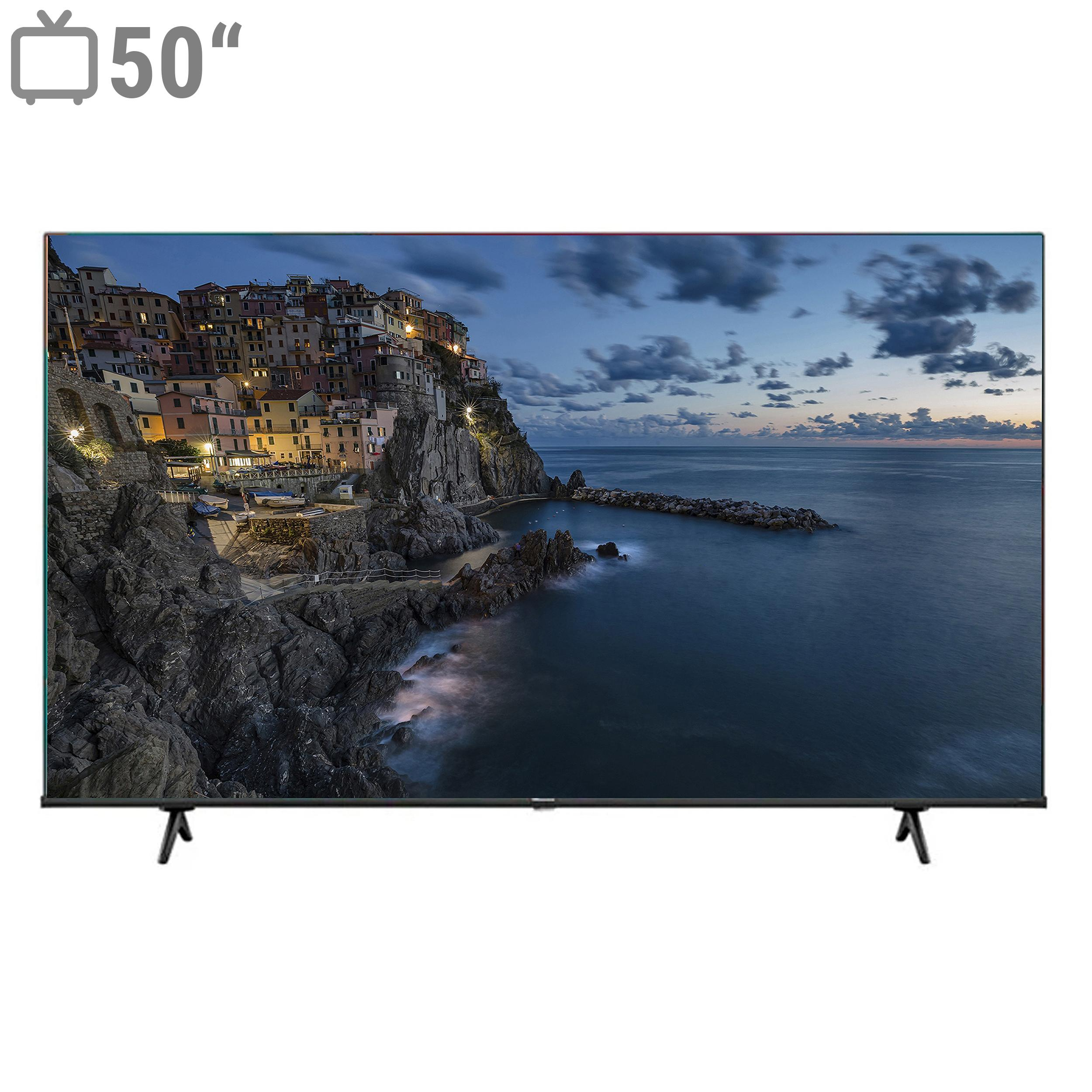 نمای زاویه‌دار تلویزیون 4K QLED هایسنس 50E7K با پایه‌های دوشاخه‌ای
