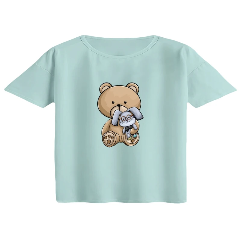 کراپ تی‌شرت آستین کوتاه زنانه مدل خرس و خرگوش