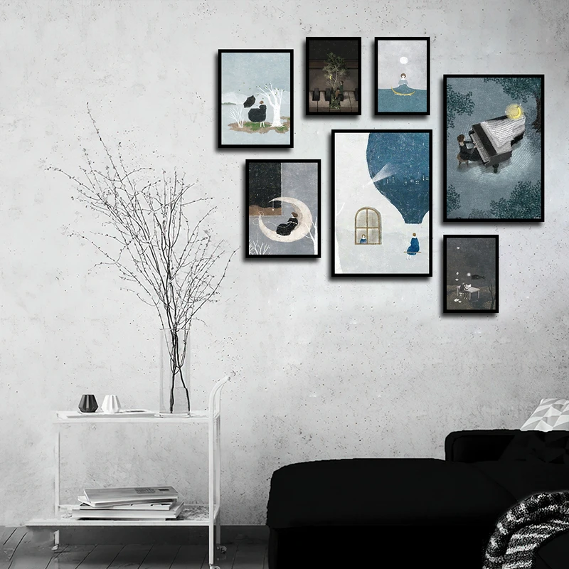 تابلو بکلیت طرح نقاشی دخترانه و ساز پیانو مدل B-3457 فریم مشکی مجموعه 7 عددی