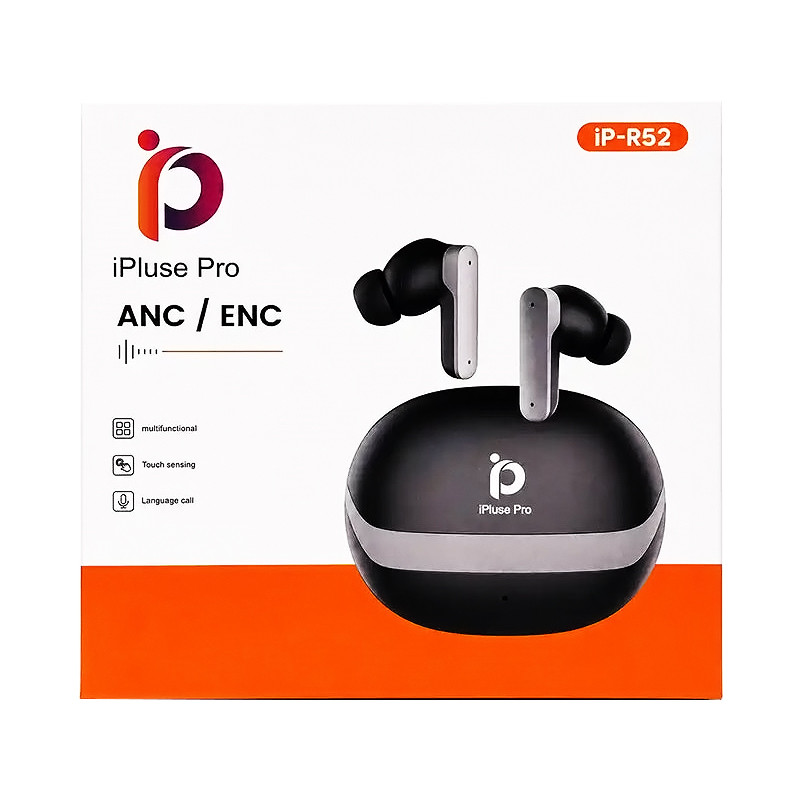 هندزفری بلوتوثی توگوشی دو گوشی آی پلاس پرو مدل iP-R52 با نویز کنسلینگ میکروفون ENC، بلوتوث 6، درگاه شارژ USB Type-C و نشانگر LED