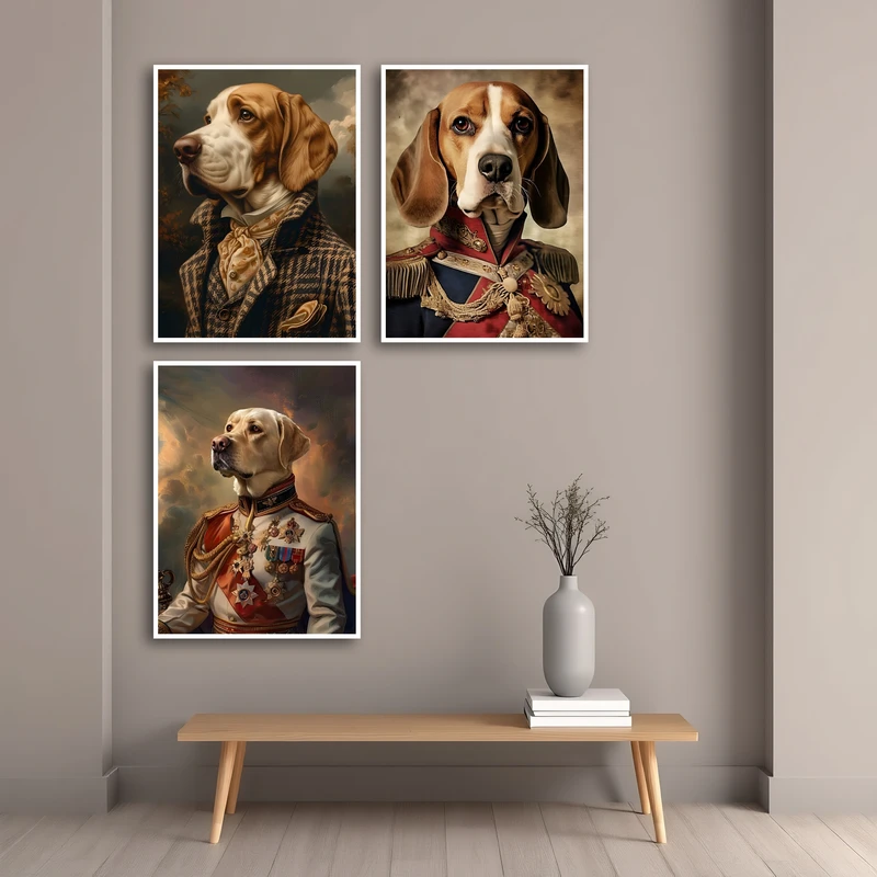 تابلو بکلیت طرح دکوراتیو سگ اشرافی کد W-MR-1089  فریم سفید مجموعه 3 عددی