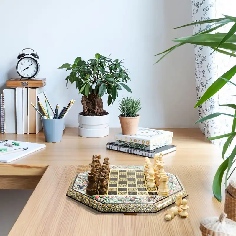 صفحه شطرنج خاتم کاری مدل 8 ضلعی طرح گل و مرغ برجسته کد Octagonal36Gr