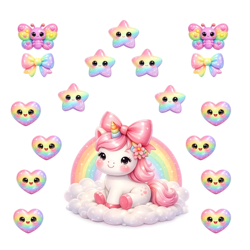 استیکر دیواری کودک مدل تک شاخ رنگین کمان کد rainbow-unicorn-01 مجموعه 18 عددی