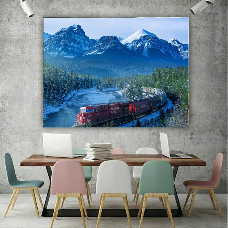 تابلو بوم طرح مخمل عبور قطار از کوهستان برفی کد AR303731