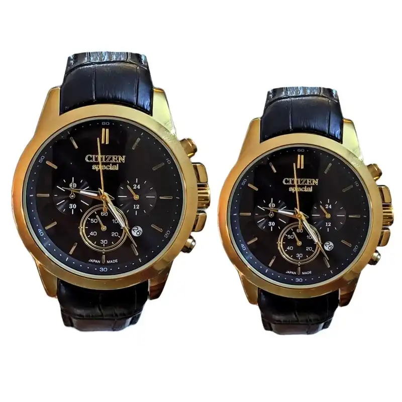 ست ساعت مچی عقربه ای زنانه و مردانه مدل سه موتور فعال کورنوگراف قفل پروانه ای بند چرمی TmM