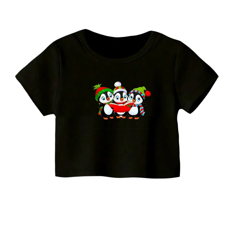 کراپ‌ تی‌شرت آستین کوتاه زنانه مدل پنگوئن کریسمس کد 1 رنگ مشکی