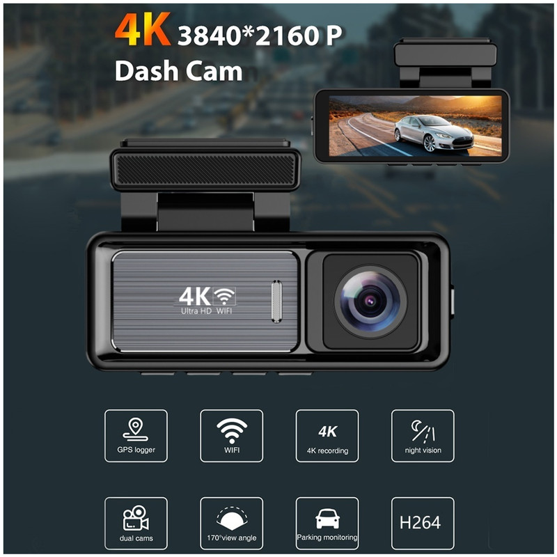 دوربین ثبت وقایع خودرو اتوویژن مدل M6 4K-WiFi به همراه دوربین عقب و کیت برق مستقیم