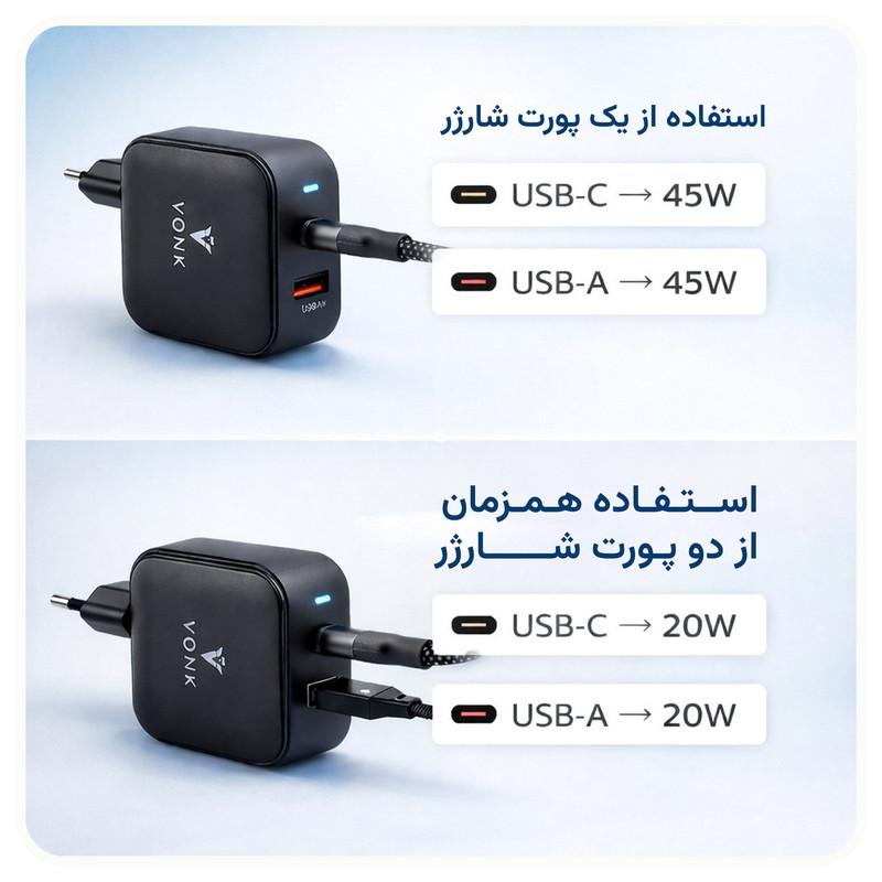 شارژر دیواری 45 وات دو پورت وونک مدل PD 45 به همراه کابل usb-c