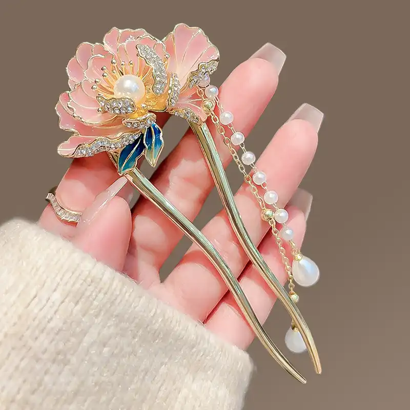 گیره مو زنانه مدل کانزاشی دو شاخه گل آهار