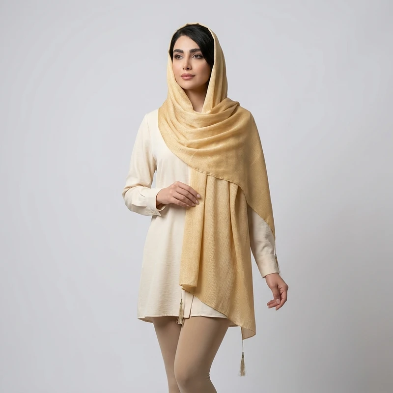 شال الیاف نخی زنانه مدل کریستال منگوله دار 003 با طول و عرض 73*185 سانتی‌متر