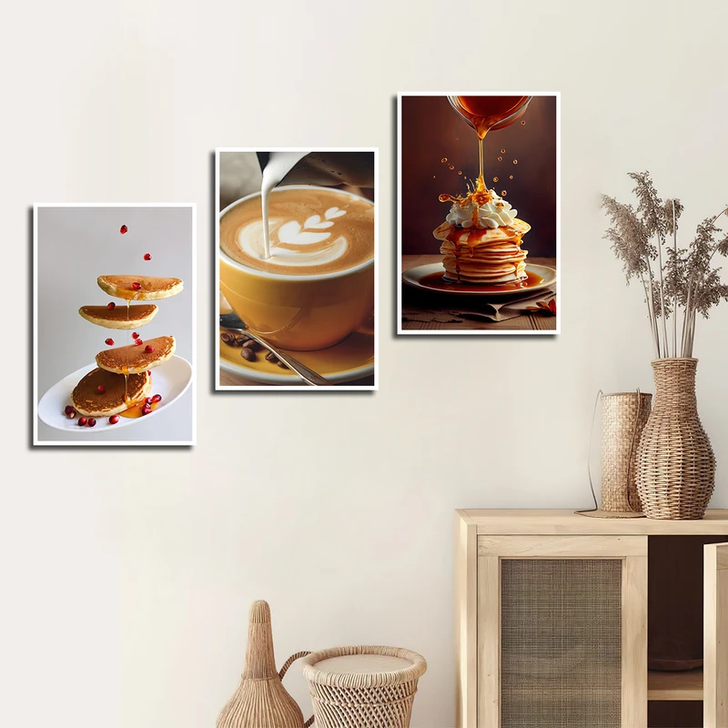 تابلو بکلیت طرح کافه و قهوه و پنکیک مدل W-3671 فریم سفید مجموعه 3 عددی