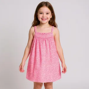 پیراهن بدون آستین یقه خشتی دخترانه مدل گل ریز کد pn رنگ صورتی