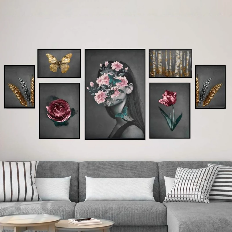 تابلو بکلیت طرح چهره و گل مدل شاین اکلیلی B-2217 فریم مشکی مجموعه 7 عددی