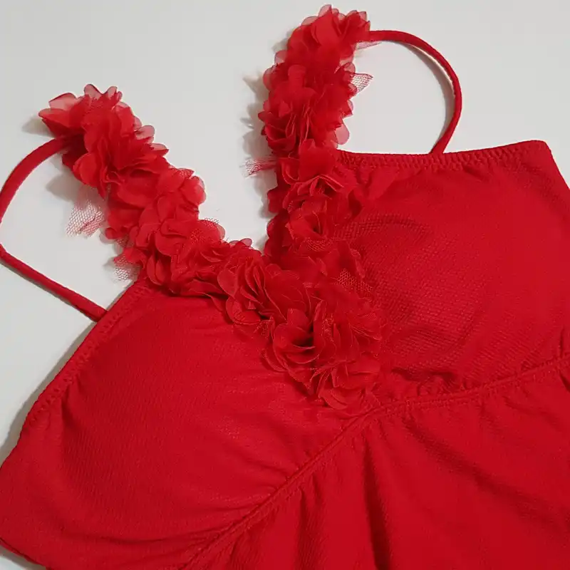 مایو زنانه فیتن مدل گل برجسته پددار بدون فنر کد 4942-290 رنگ قرمز