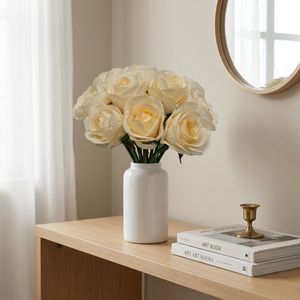 دسته گل مصنوعی رز هلندی 12 عددی با گلهای پارچهای قطر 7 سانتیمتر، ساقه سیمی قابل انعطاف، مناسب گلدان رومیزی و دسته گل عروس