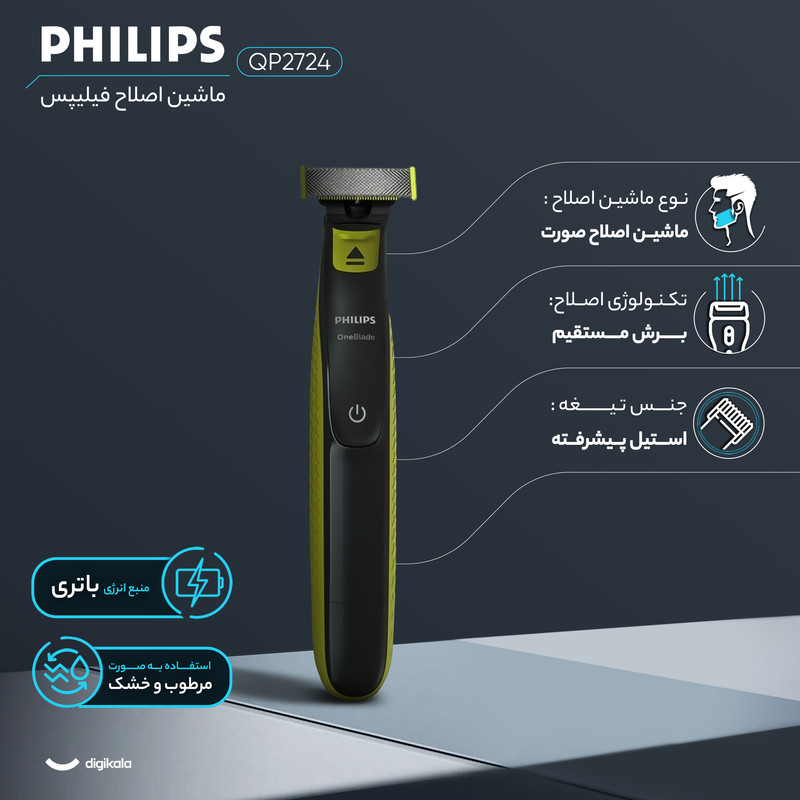 ماشین اصلاح موی صورت فیلیپس مدل QP2724، اصلاح به صورت صفر زن، منبع انرژی با باتری، تکنولوژی اصلاح به صورت برش مستقیم، اندازه اصلاح 0.1 میلی‌متر، مدت زمان شارژ تا 720 دقیقه و مدت زمان استفاده پس از شارژ 45 دقیقه، به همراه برس تمیزکننده، ضد آلرژی و ضد آب