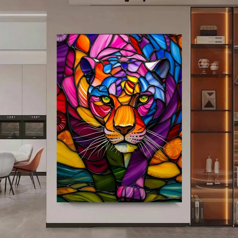 تابلو بوم طرح مخمل نقاشی مدل پلنگ رنگارنگ کد BK24449